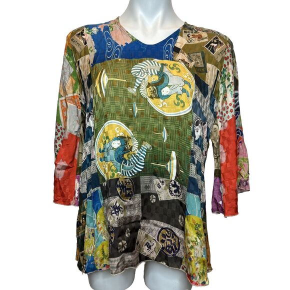 JOHNNY WAS XS Top Samantha Blouse Asian Samurai Boho Patchwork Print 3/4 Sleeve